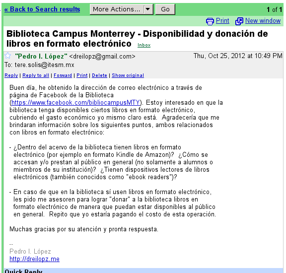 Biblioteca del Tecnológico de Monterrey, correo electrónico a Tere Solís