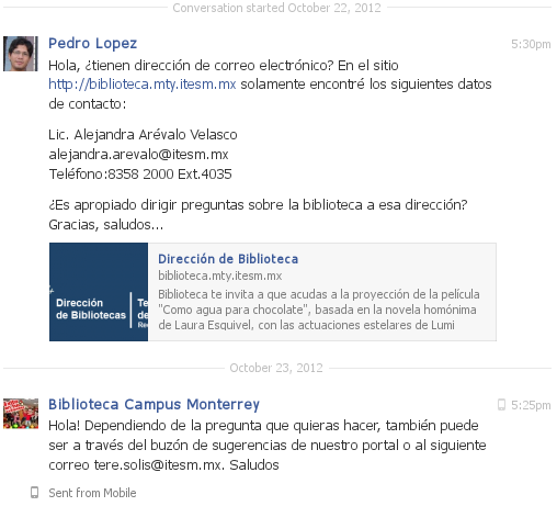 Contacto con la Biblioteca del Tecnológico de Monterrey, por Facebook