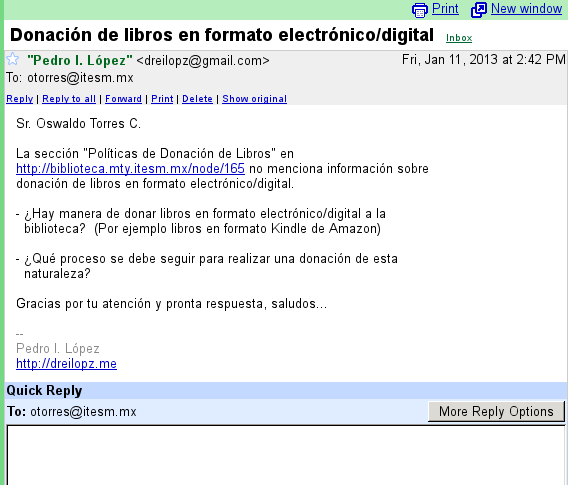 Biblioteca del Tecnológico de Monterrey, correo electrónico a Oswaldo Torres