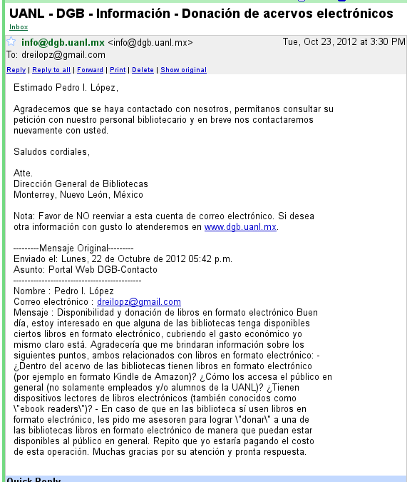 Respuesta de la DGB UANL, octubre 23 de 2012
